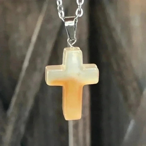 Golden Quartz Cross Natural Stainless Steel Necklace NWT - Picture 1 of 4